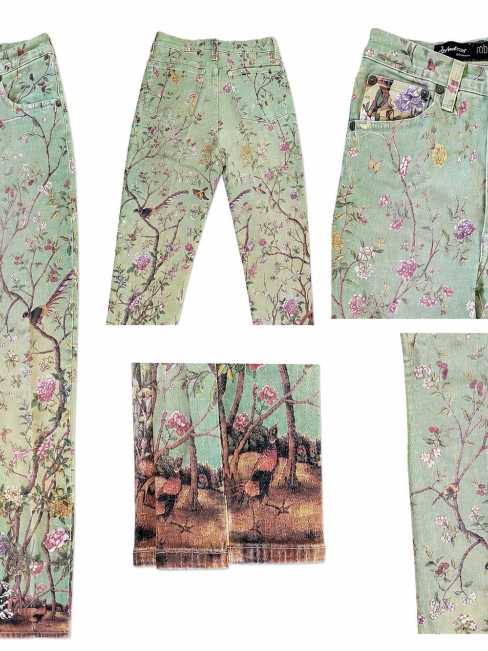 Roberto Cavalli Made in Italy Floral Bird Print Skinny Jeans Mint Green Women’s - Picture 2 of 10
